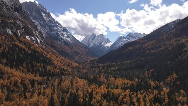 Drone aerial photography flying Landscape of Siguniang mountain or Four girls mountains with ,located in the Aba Tibetan and Qing Autonomous Prefecture in western Sichuan of China.