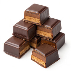 Chocolate thins with white cream filling isolated on white,Pile of chocolate square candies with cocoa filling isolated on a white background