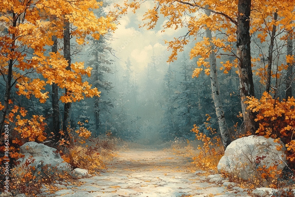 Poster a stone path winding through a misty autumn forest