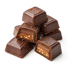 Chocolate thins with white cream filling isolated on white,Pile of chocolate square candies with cocoa filling isolated on a white background