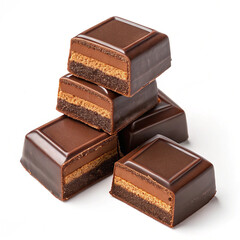 Chocolate thins with white cream filling isolated on white,Pile of chocolate square candies with cocoa filling isolated on a white background