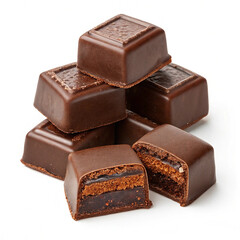 Chocolate thins with white cream filling isolated on white,Pile of chocolate square candies with cocoa filling isolated on a white background