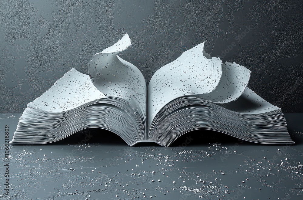 Poster open book with curved pages on gray surface