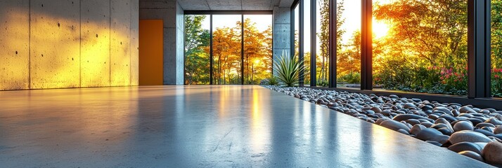 Fototapeta premium A Modern Interior with Large Windows Overlooking a Garden at Sunset
