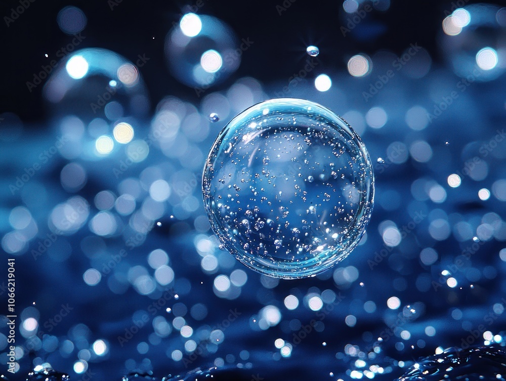 Poster a single transparent bubble suspended above a blue background with bokeh lights
