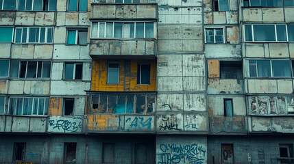 Facade of an old, graffiti-covered, concrete apartment building with weathered and peeling panels