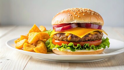 Cheeseburger with crispy chips on white plate, food, burger, fast food, delicious, meal, lunch, fries, crispy, beef