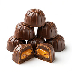 Chocolate thins with white cream filling isolated on white,Pile of chocolate square candies with cocoa filling isolated on a white background