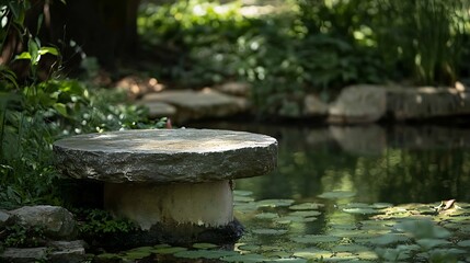 Stone Platform Overlooking a Pond with Lily Pads