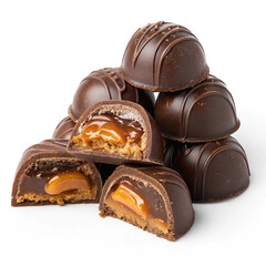 Chocolate thins with white cream filling isolated on white,Pile of chocolate square candies with cocoa filling isolated on a white background