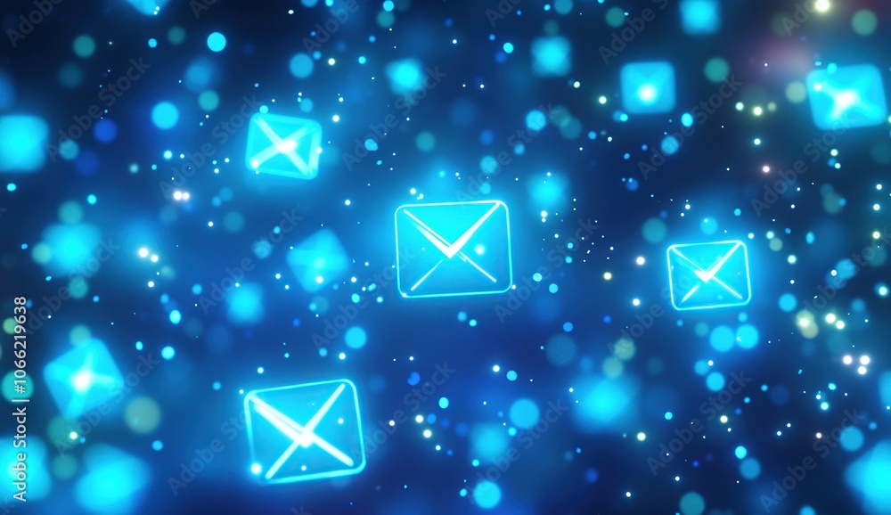 Poster abstract digital background with glowing blue envelope icons and bokeh lights.