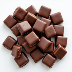 Fototapeta premium Chocolate thins with white cream filling isolated on white,Pile of chocolate square candies with cocoa filling isolated on a white background