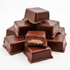 Chocolate thins with white cream filling isolated on white,Pile of chocolate square candies with cocoa filling isolated on a white background