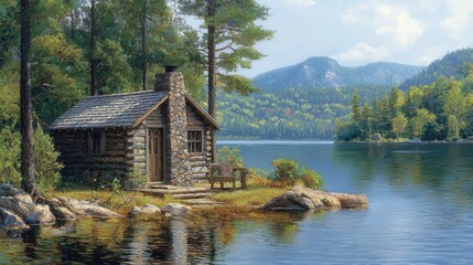 Fototapeta premium Rustic Cabin Retreat by Tranquil Lake with Mountain View