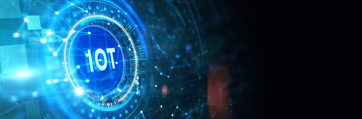 Obraz premium Internet of things - IOT concept. Businessman offer IOT products and solutions. The future of technology. Virtual screen of the future with the inscription: IOT. 3d illustration