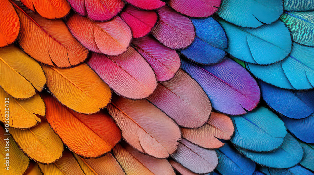Poster vibrant feathers in stunning array of colors, showcasing intricate patterns and textures. blend of o