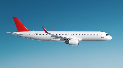 Obraz premium White passenger airplane with red tail flying in clear blue sky, side view, minimalist background, modern commercial jet mid-air, travel and aviation concept.