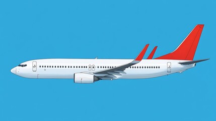 White passenger airplane with red tail flying in clear blue sky, side view, minimalist background, modern commercial jet mid-air, travel and aviation concept.