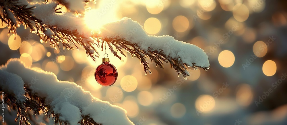 Poster a single red ornament hangs from a snow-covered evergreen branch with a warm glow of bokeh behind.