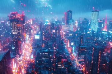 Fototapeta premium Neon-lit cityscape with rain and glowing lights