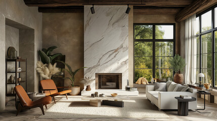 Living room with a marble fireplace, exposed wooden beams, and a mix of modern and rustic furniture for a balanced aesthetic. interior design