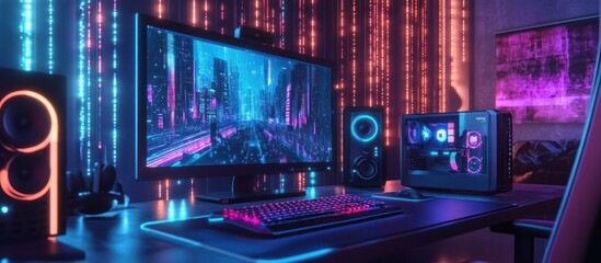 Neon Lit Gaming Setup with Futuristic City Wallpaper