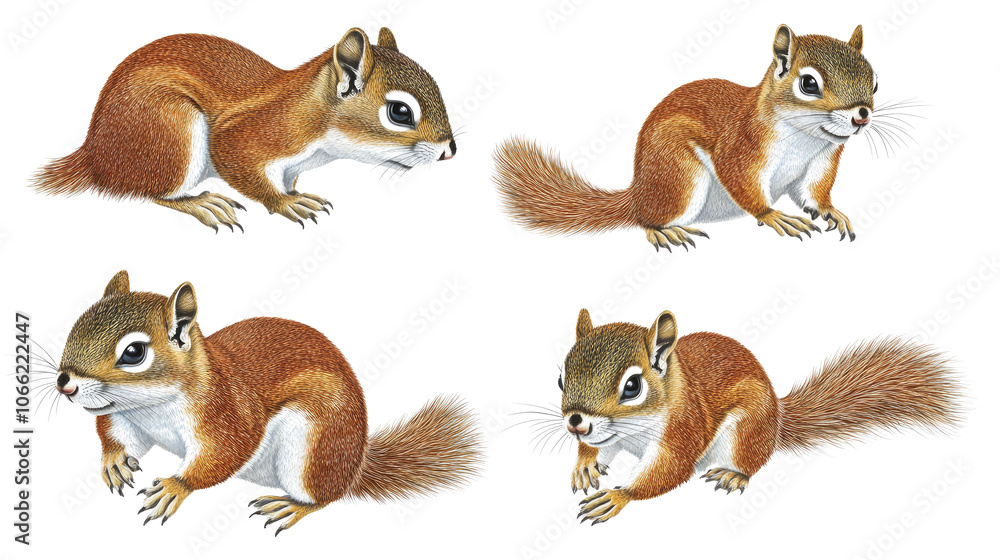 Poster squirrels captured from various angles on a transparent background generative ai