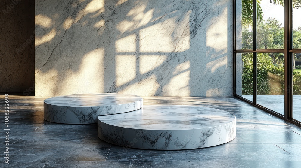 Poster two marble platforms in a modern interior with a window view