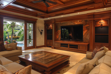 Fototapeta premium Living room with a marble TV wall, wood accents, and plush seating, providing a high-end, comfortable setting. home interior 
