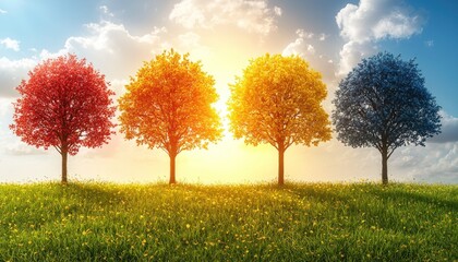 Fototapeta premium Four Trees Representing the Four Seasons in a Field