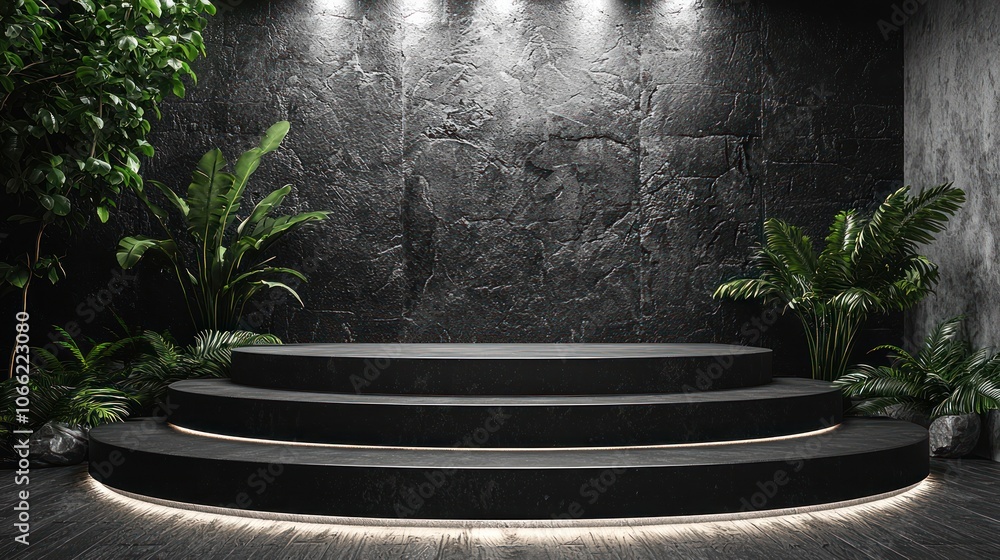 Poster black circular platform with three steps and green foliage