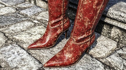 Close-up of stylish, pointed red boots on a cobblestone surface.