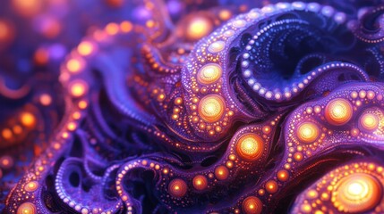 Abstract Purple and Orange Fractal with Glowing Circles