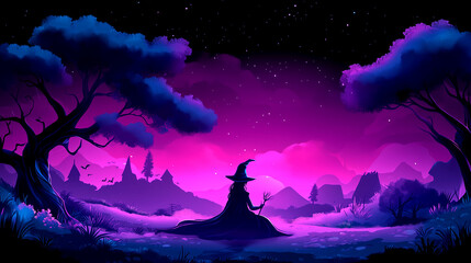 Fototapeta premium A witch is sitting in a purple forest, surrounded by purple trees. The sky is also purple, creating a serene and mystical atmosphere