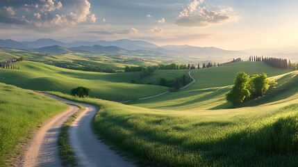 Obraz premium Winding Dirt Road Through Rolling Green Hills at Sunset