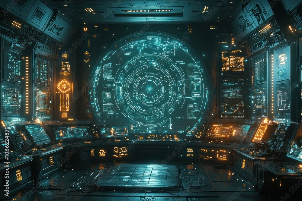 Poster futuristic spaceship interior with circular display and control panels