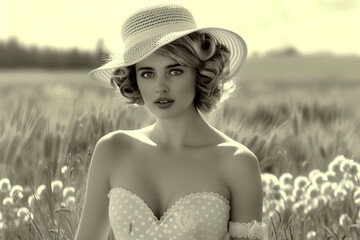 A woman wearing a white hat and a white dress stands in a field of dandelions. The image has a vintage feel to it, and the woman's pose and the hat give off a sense of elegance and sophistication
