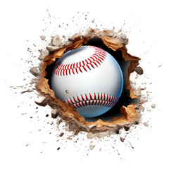 baseball bursting through a hole isolate on transparent background