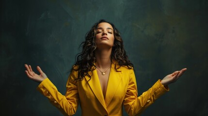 Obraz premium A beautiful woman with dark hair and a light smile embraces serenity in a yellow suit