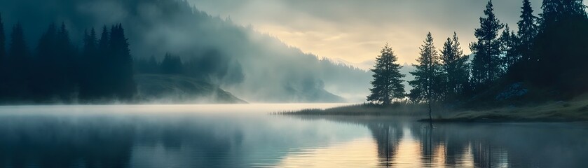 Fototapeta premium Misty Morning on a Serene Lake Surrounded by Trees
