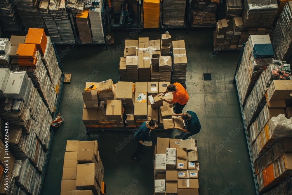 Poster Warehouse Workers Sorting Boxes