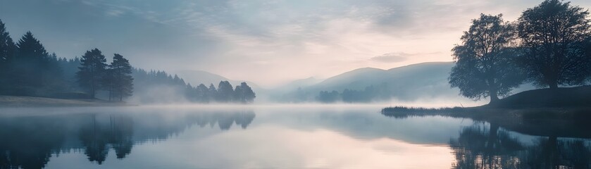 Obraz premium Foggy Morning Landscape with Silhouetted Trees and Reflections on a Still Lake