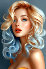 Fototapeta premium A woman with blue and orange hair is smiling. The hair is styled in a way that makes it look like it's curled up