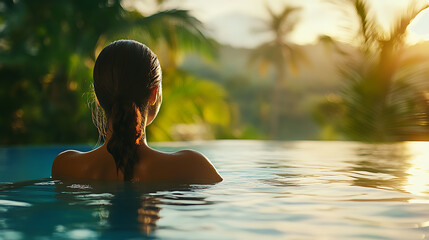 Fototapeta premium Relaxing in a serene pool at sunset