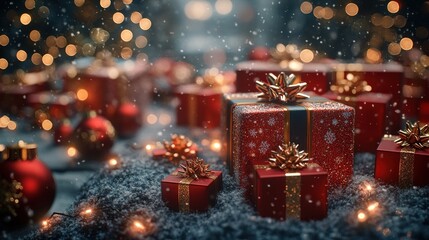 Wrapped Christmas gifts with red ornaments and fairy lights in the snow.