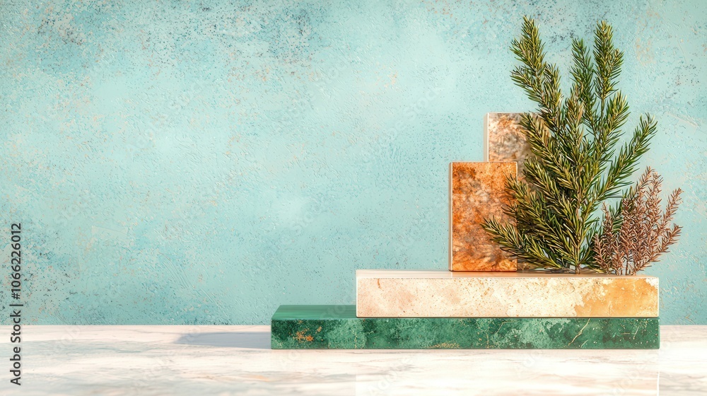 Poster Abstract Minimalist Product Display with Green Branch on Marble Platform