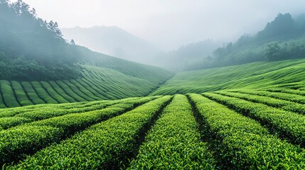 41.A panoramic view of verdant spring tea plantations nestled among gentle, mist-covered hills. The bright green tea bushes are arranged in symmetrical rows, following the natural contours of the