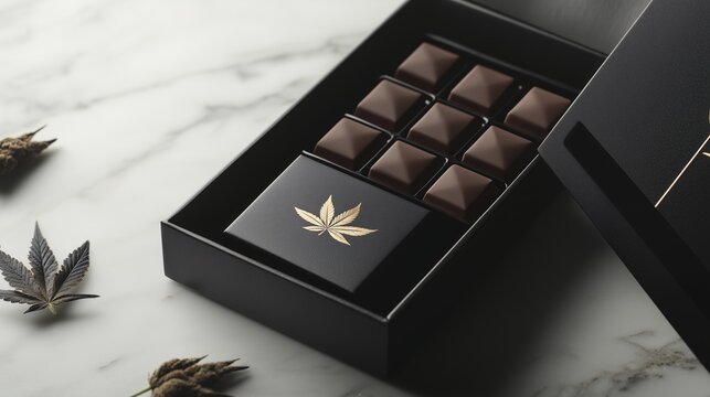 Elegant cannabis-infused chocolate box, featuring a sleek black design with a striking leaf emblem, perfect for gifting or personal indulgence.