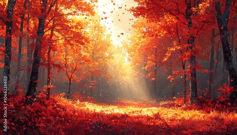 Poster sunlit path through a forest of red autumn leaves