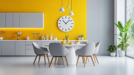 Modern Kitchen with Yellow Wall, White Table, and Grey Chairs